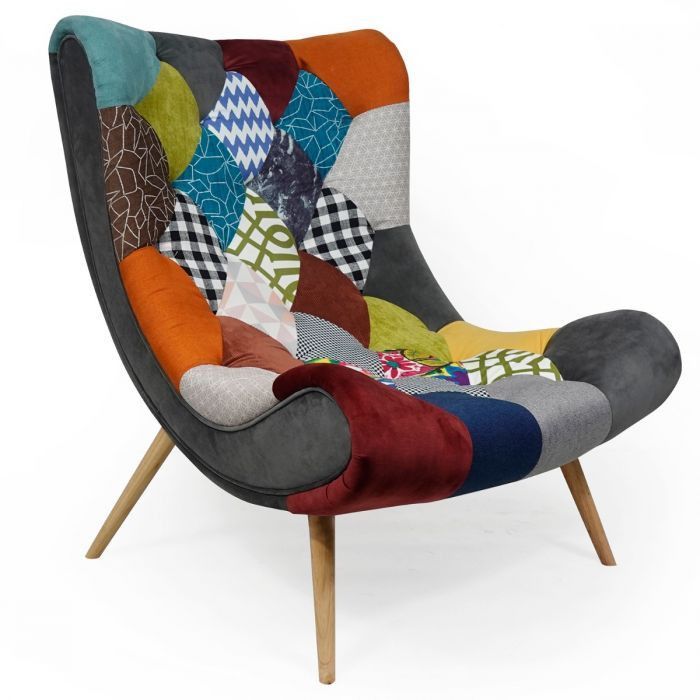 Fauteuil patchwork tissu multicolore et pieds bois clair Ulric - Photo n°1