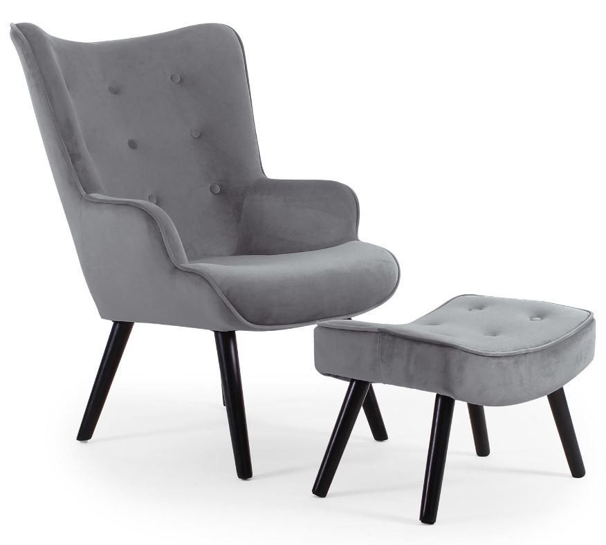 Fauteuil scandinave avec repose pied velours gris clair Sonia - Photo n°1