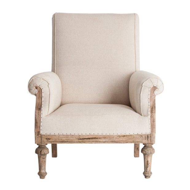 Fauteuil tissu beige et bois tropical Nothi - Photo n°1