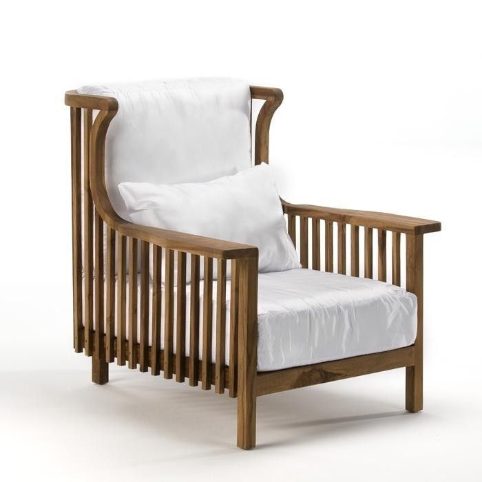 Fauteuil tissu blanc et bois de teck naturel Raza - Photo n°1