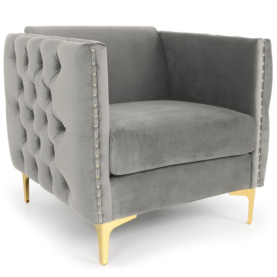 Fauteuil velours argenté et pieds métal doré Josua - Photo n°1