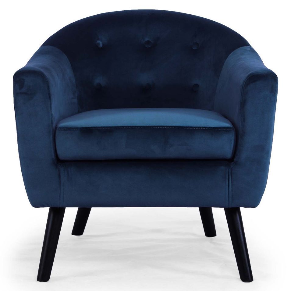 Fauteuil velours bleu et pieds bois massif noir Soxford - Photo n°1