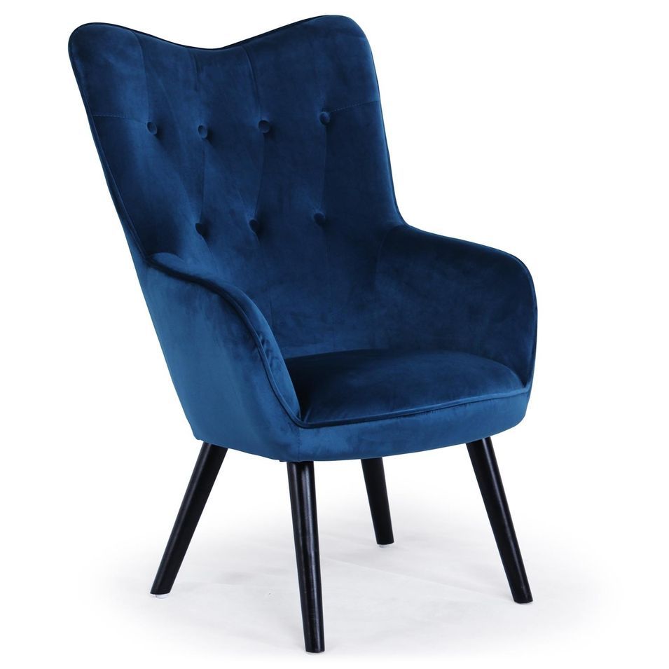 Fauteuil velours bleu et pieds bois noir Kallyr - Photo n°1