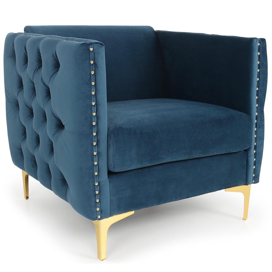 Fauteuil velours bleu et pieds métal doré Josua - Photo n°1