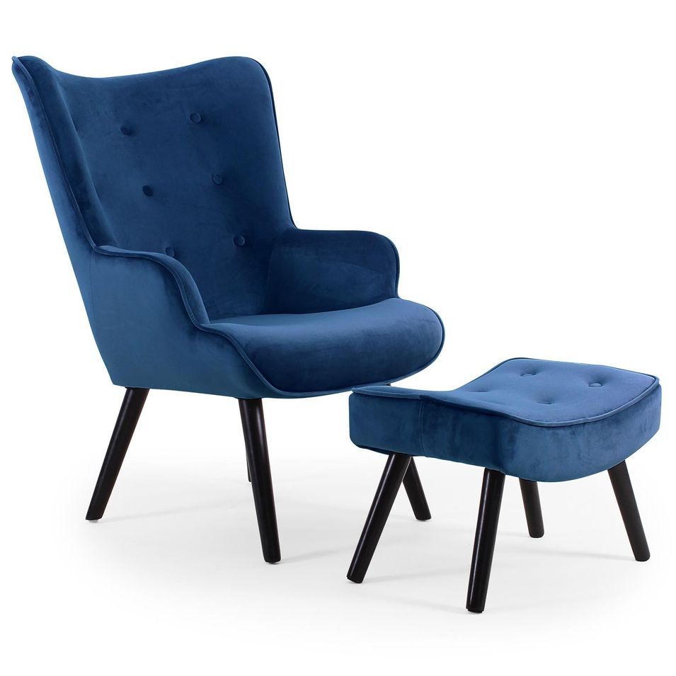 Fauteuil velours bleu scandinave avec repose pieds Sonia - Photo n°1