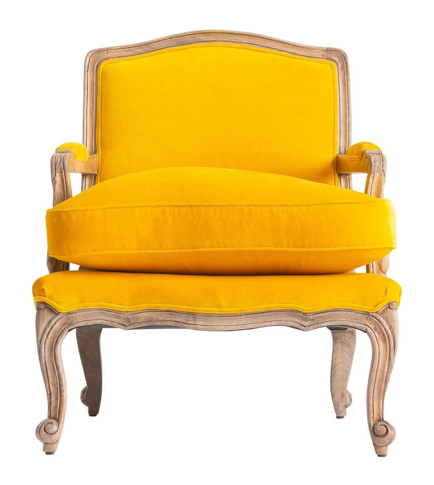 Fauteuil velours jaune et manguier massif clair Jokonso - Photo n°1
