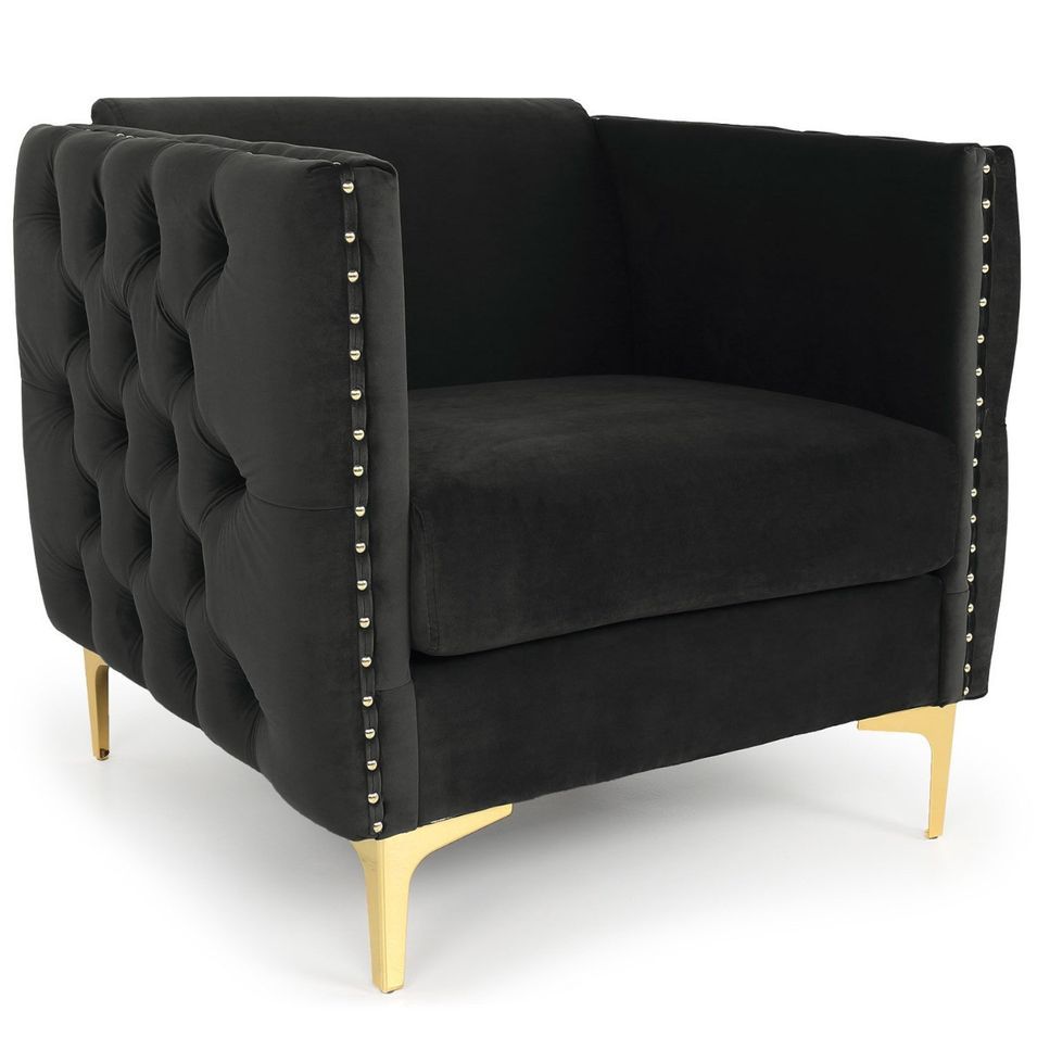 Fauteuil velours noir et pieds métal doré Josua - Photo n°1