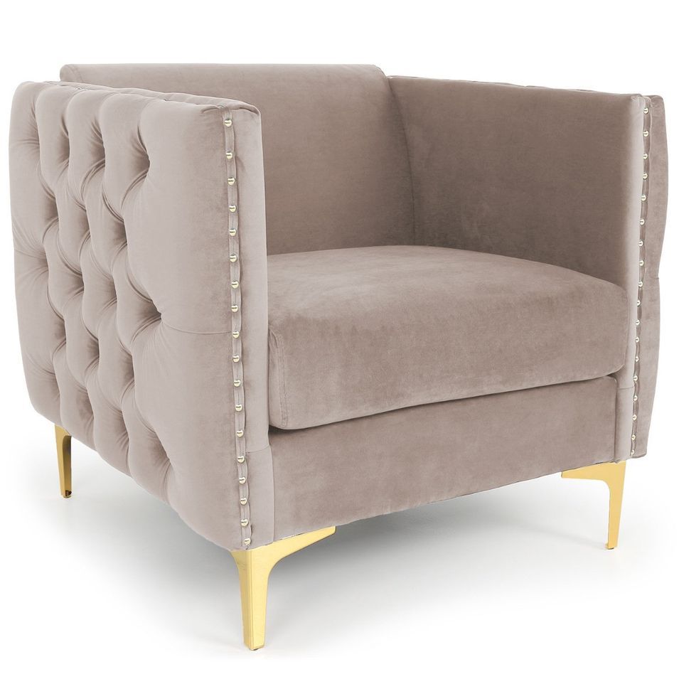 Fauteuil velours taupe et pieds métal doré Josua - Photo n°1