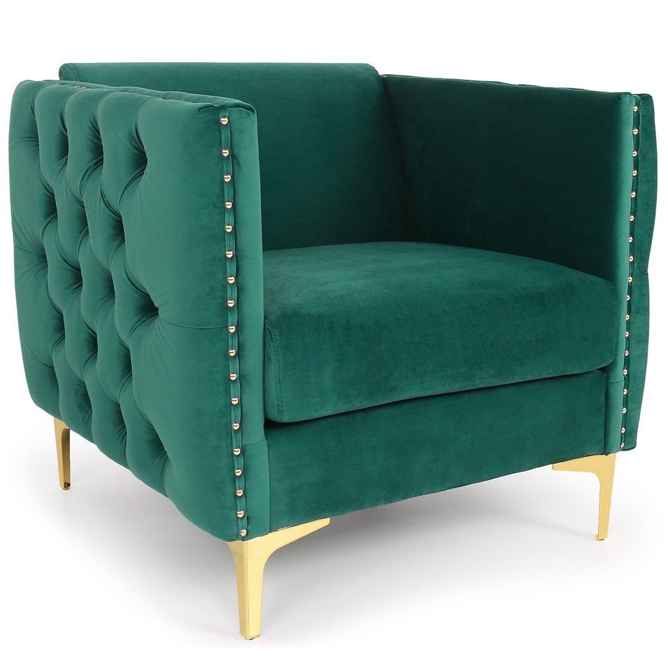 Fauteuil velours vert et pieds métal doré Josua - Photo n°1