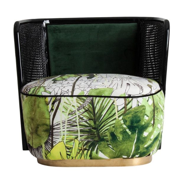 Fauteuil velours vert rotin et métal noir Awena - Photo n°1