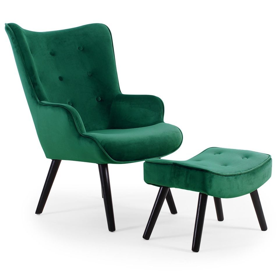 Fauteuil velours vert scandinave avec repose pieds Sonia - Photo n°1