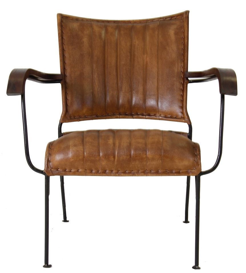 Fauteuil vintage cuir marron et pieds métal noir Lazar - Photo n°1