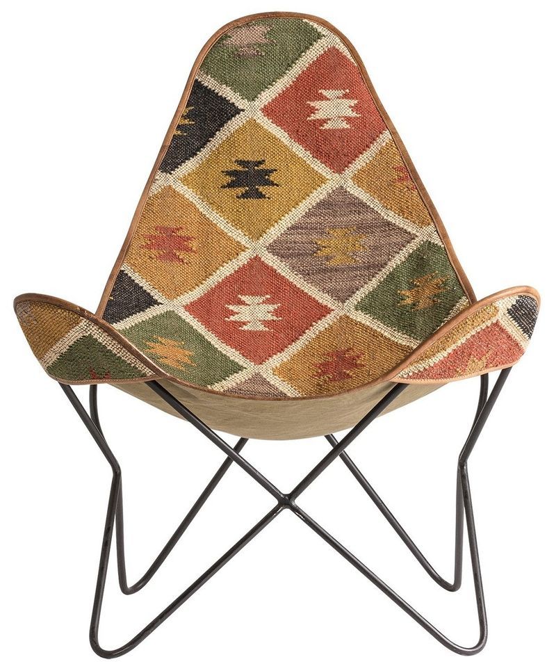 Fauteuil vintage tissu rouge jaune vert et pieds métal noir Brewen - Photo n°1