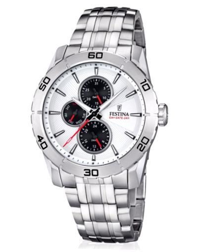 Festina f16606_5 Gent Multifunction Day Date 24h White/black Dial S/s Bracelet Wr 5 Atm 44mm - Photo n°1