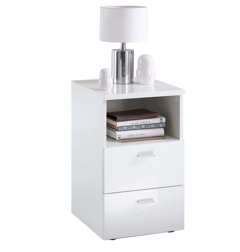 FMD Table de chevet avec 2 tiroirs Blanc brillant - Photo n°1