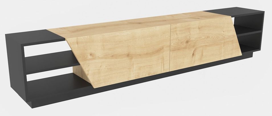 Grand banc TV 2 portes 2 étagères bois gris foncé et chêne très clair Doreza 240 cm - Photo n°1