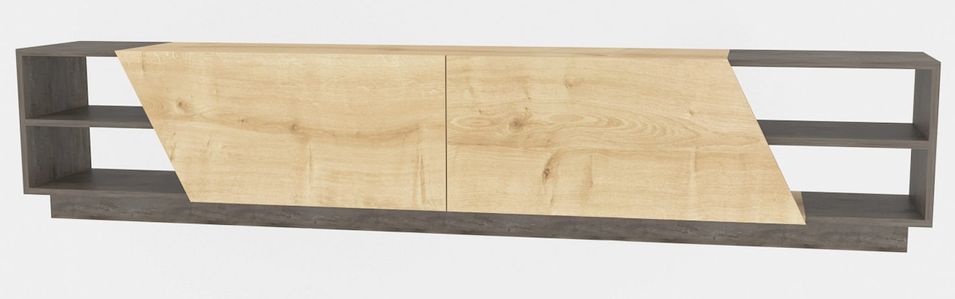 Grand banc TV 2 portes 2 étagères bois marron et chêne très clair Doreza 240 cm - Photo n°1