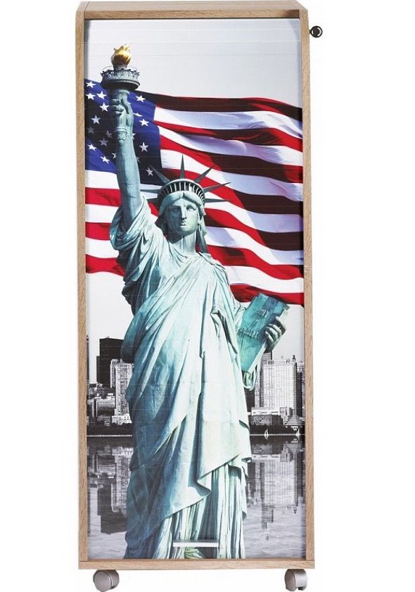 Grand caisson à rideau 3 tiroirs chêne naturel imprimé statue de la Liberté Orga 108 cm - Photo n°1