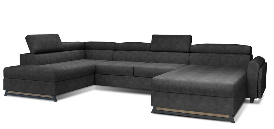 Grand canapé panoramique convertible tissu anthracite avec coffre Konba 370 cm - Photo n°1