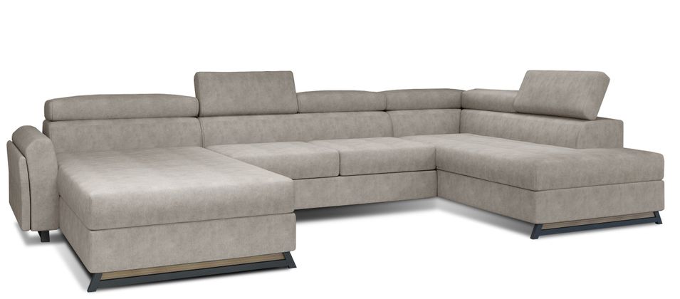 Grand canapé panoramique convertible tissu beige avec coffre Konba 370 cm - Photo n°1