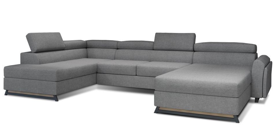 Grand canapé panoramique convertible tissu gris clair avec coffre Konba 370 cm - Photo n°1