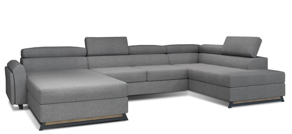 Grand canapé panoramique convertible tissu gris clair avec coffre Konba 370 cm - Photo n°1