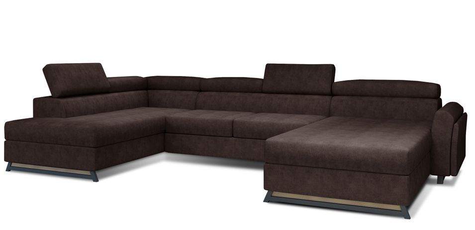 Grand canapé panoramique convertible tissu marron avec coffre Konba 370 cm - Photo n°1