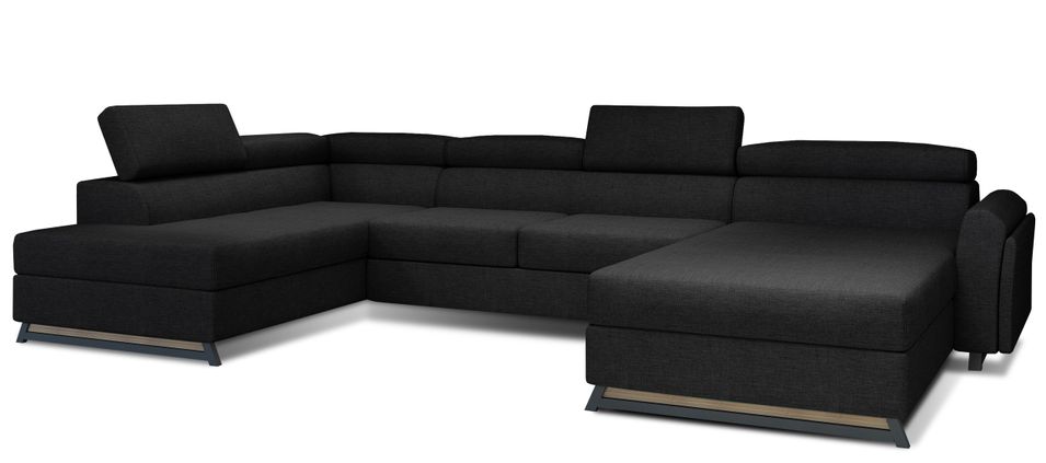 Grand canapé panoramique convertible tissu noir avec coffre Konba 370 cm - Photo n°1