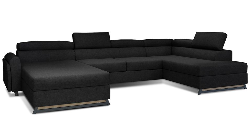 Grand canapé panoramique convertible tissu noir avec coffre Konba 370 cm - Photo n°1