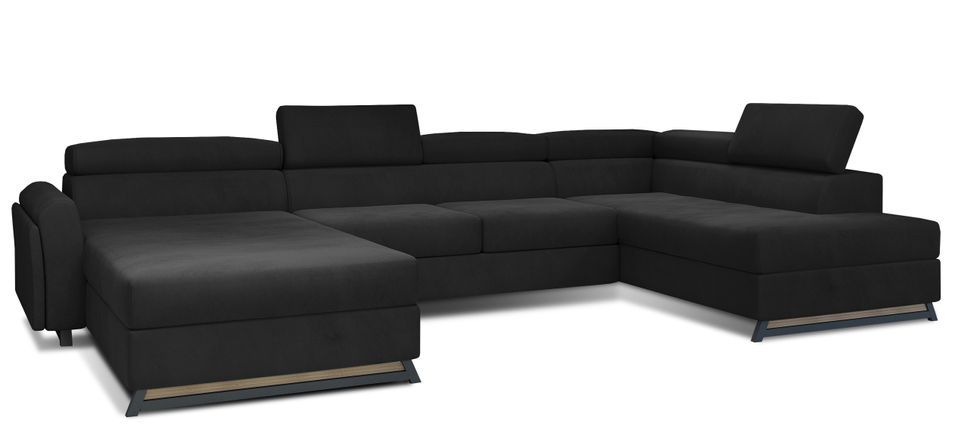 Grand canapé panoramique convertible velours noir avec coffre Konba 370 cm - Photo n°1