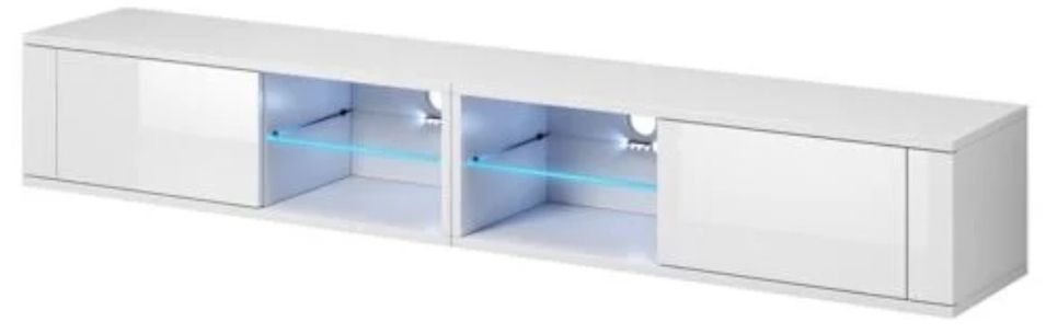 Grand meuble TV à Led 2 portes blanc mat et blanc laqué Alka 200 cm - Photo n°1