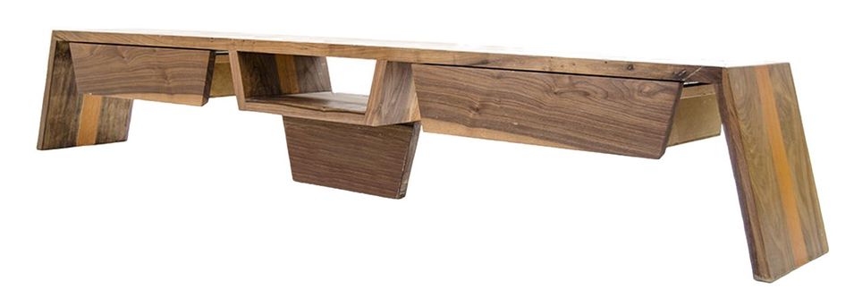 Grand meuble TV bois massif Noyer vernis mat Koupa 220 cm - Photo n°1