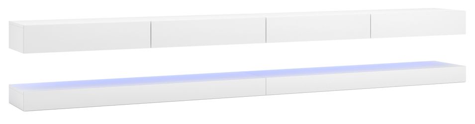 Grand meuble TV suspendu avec Led 4 tiroirs bois blanc et blanc laqué Kapan 280 cm - Photo n°1