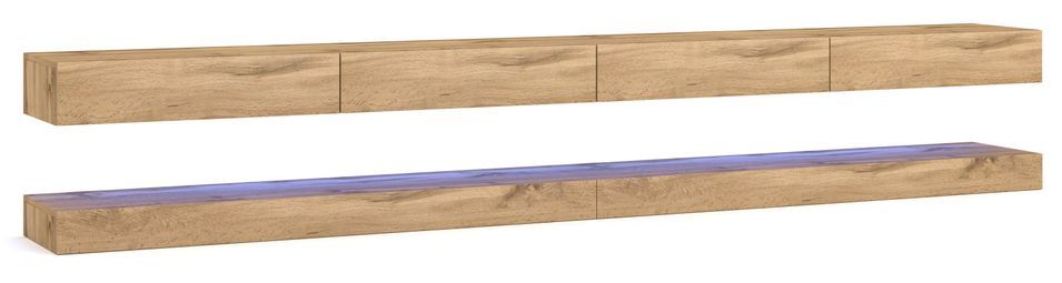 Grand meuble TV suspendu avec Led 4 tiroirs bois naturel Kapan 280 cm - Photo n°1