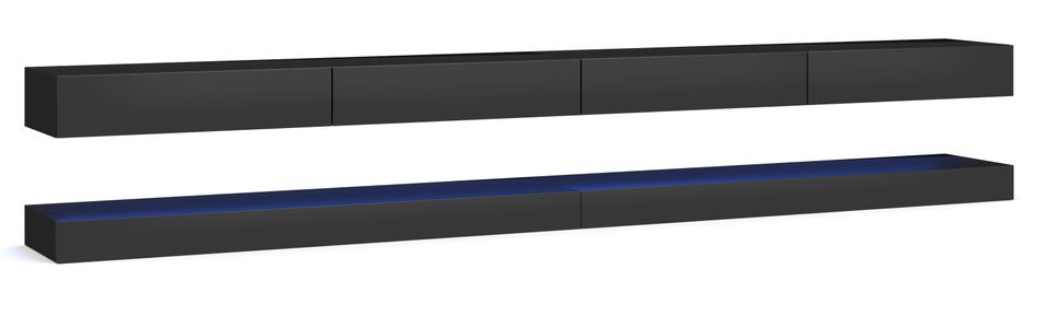 Grand meuble TV suspendu avec Led 4 tiroirs bois noir laqué Kapan 280 cm - Photo n°1