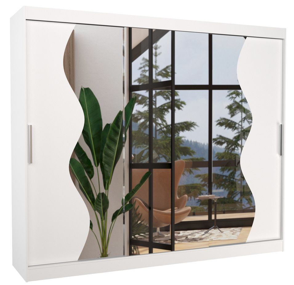 Grande armoire de chambre à coucher 3 portes coulissantes blanches et miroir biseauté Kola 250 cm - Photo n°1