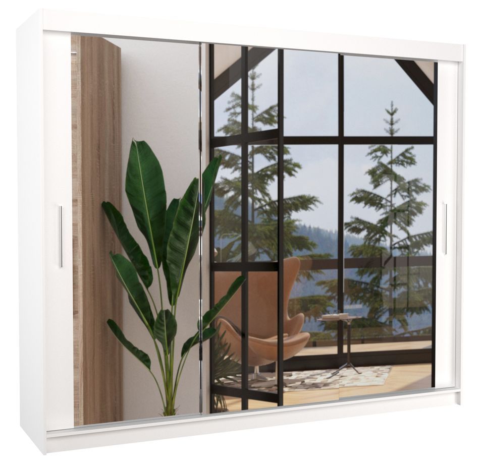 Grande armoire de chambre moderne 3 portes coulissantes blanches et miroir Douko 250 cm - Photo n°1