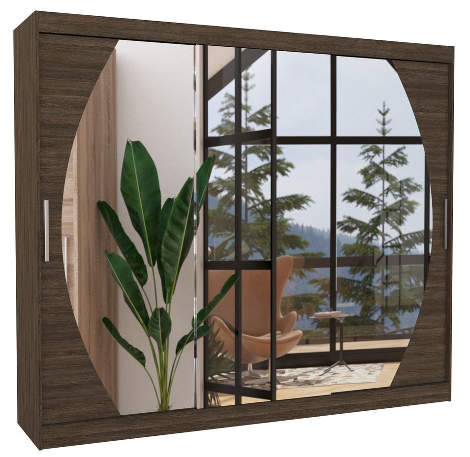 Grande armoire de chambre à coucher 3 portes coulissantes marron et miroir Kerry 250 cm - Photo n°1