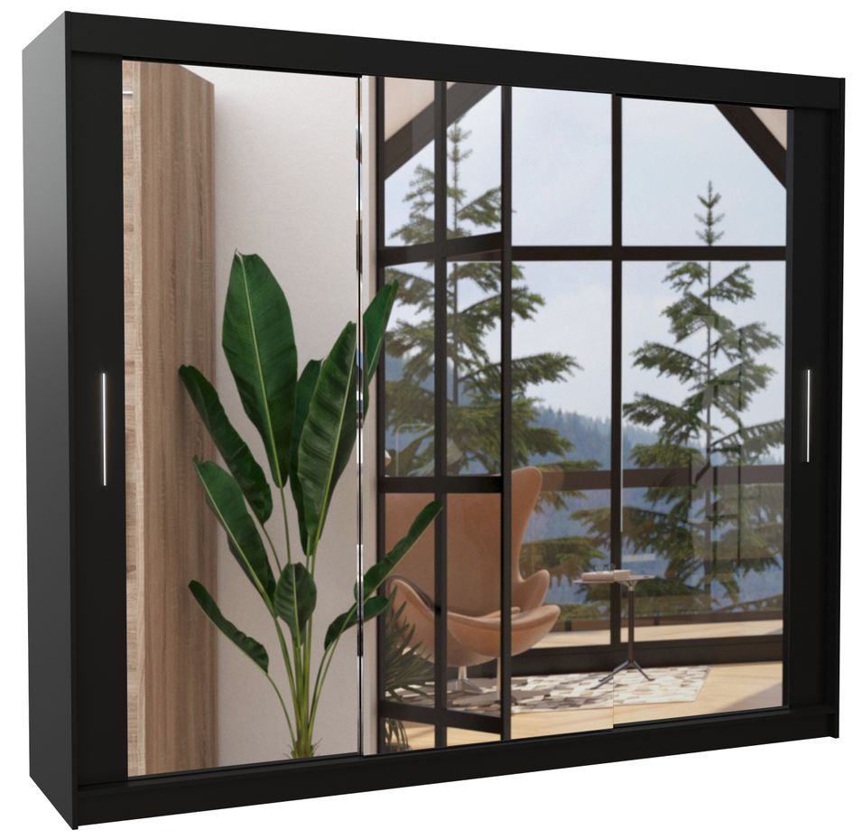 Grande armoire de chambre moderne 3 portes coulissantes noir et miroir Douko 250 cm - Photo n°1