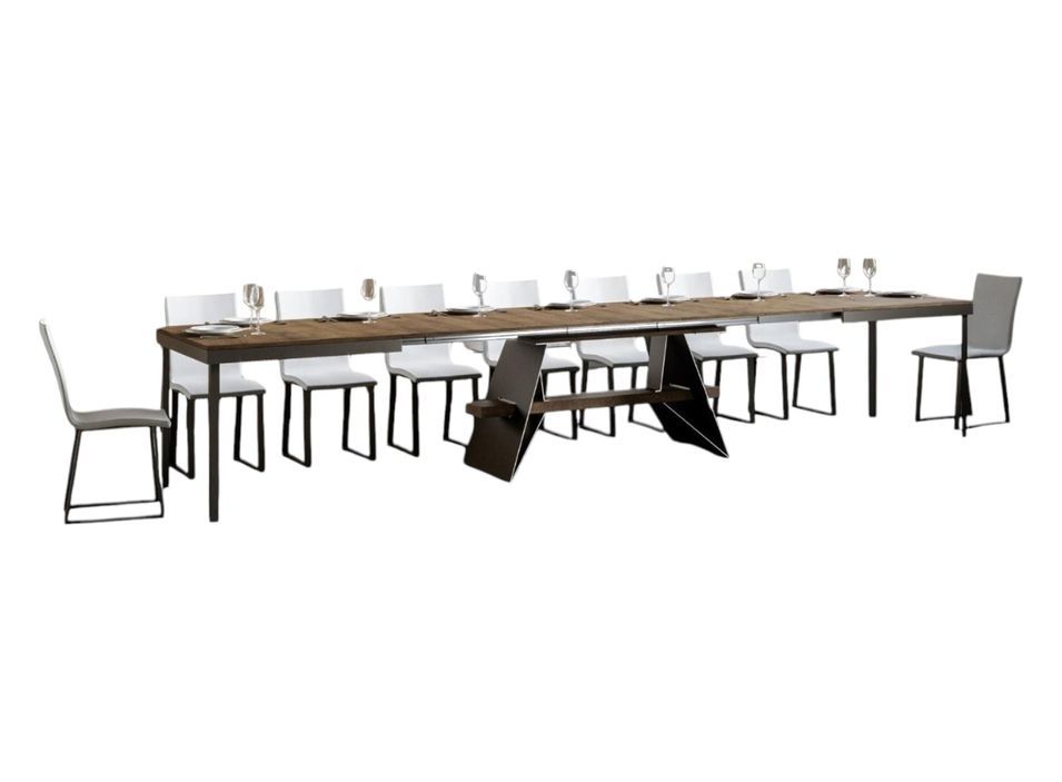 Grande table à rallonges bois foncé avec un cadre et des pieds acier gris foncé 8 à 20 places L 180 à 440 cm Borys - Photo n°1