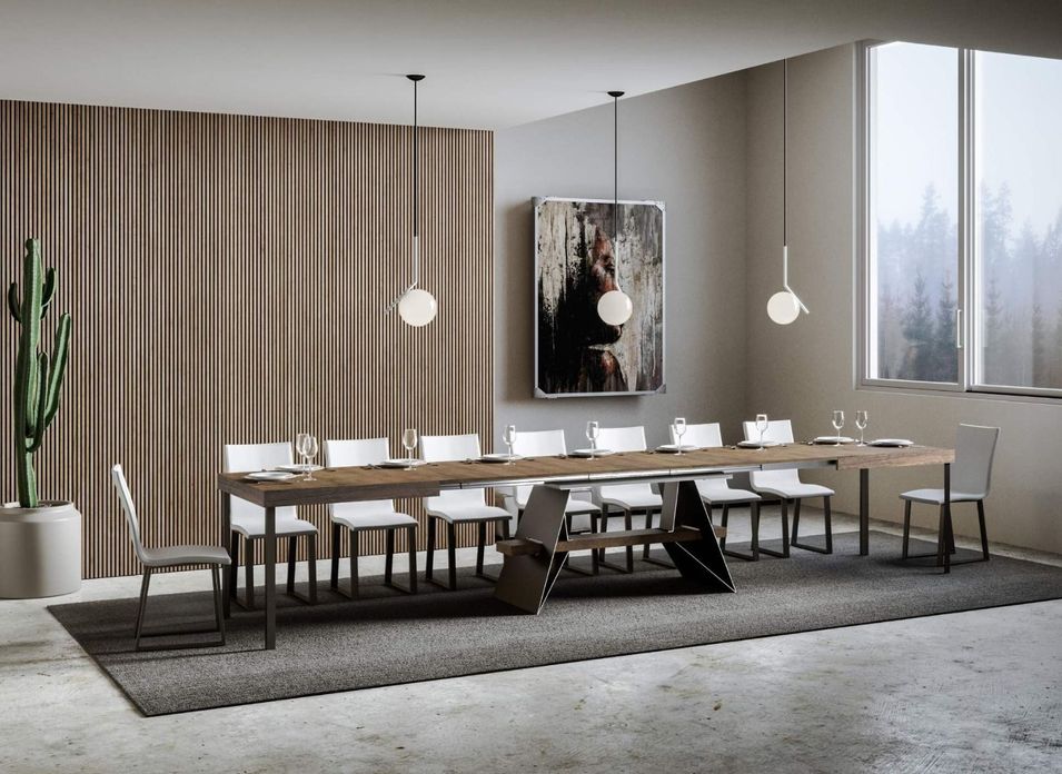 Grande table à rallonges bois foncé et pieds acier gris foncé 8 à 20 places 180 à 440 cm Klaro - Photo n°1