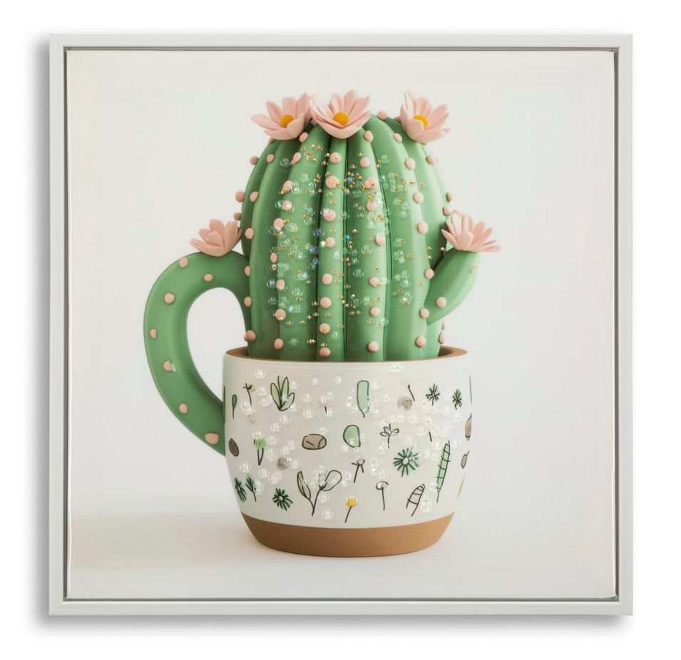 Impression sur toile laquée avec cadre, motif cactus en pot -b- 40 x 2,8 x 40 cm - Photo n°1