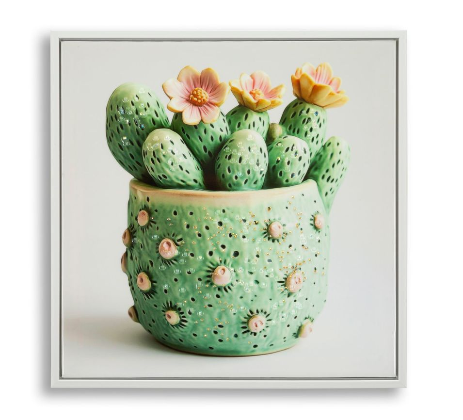 Impression sur toile laquée avec cadre, motif cactus en pot -h- 40 x 2,8 x 40 cm - Photo n°1