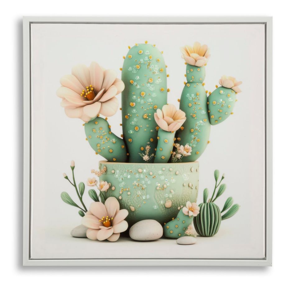 Impression sur toile laquée avec cadre, pot de cactus -d- 40 x 2,8 x 40 cm - Photo n°1