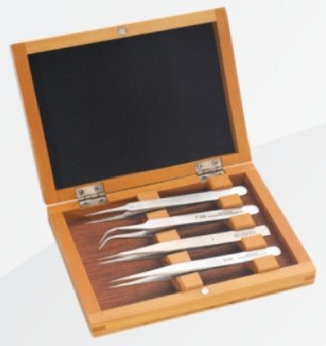 Kit 4 Pinzette Da Orologiaio Con Scatola In Legno/ 4 Watchmaker Tweezers, Wooden Box RR1424 - Photo n°1