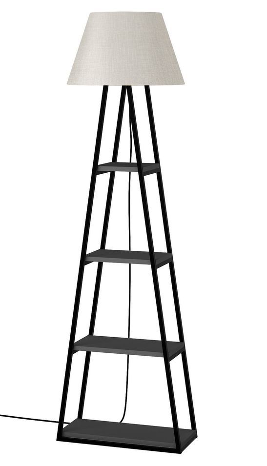 Lampadaire 4 étagères tissu beige clair et bois anthracite Kasper 165 cm - Photo n°1