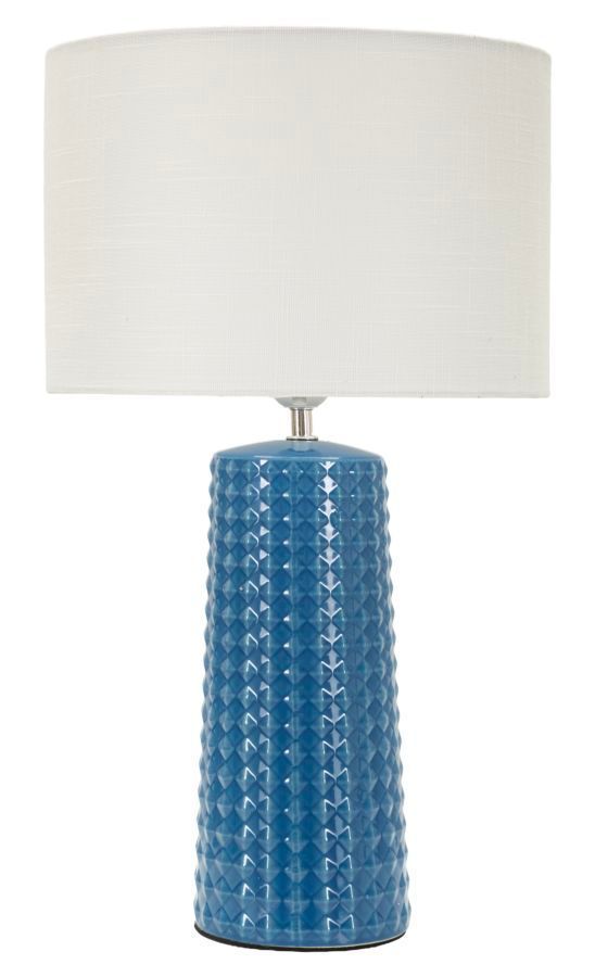 Lampe de table bleue design céramique relief géométrique et abat-jour blanc GLISS - Photo n°1