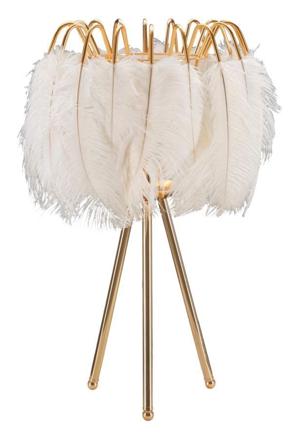 Lampe de table design dorée à abat-jour plumes blanches PLUME - Photo n°1
