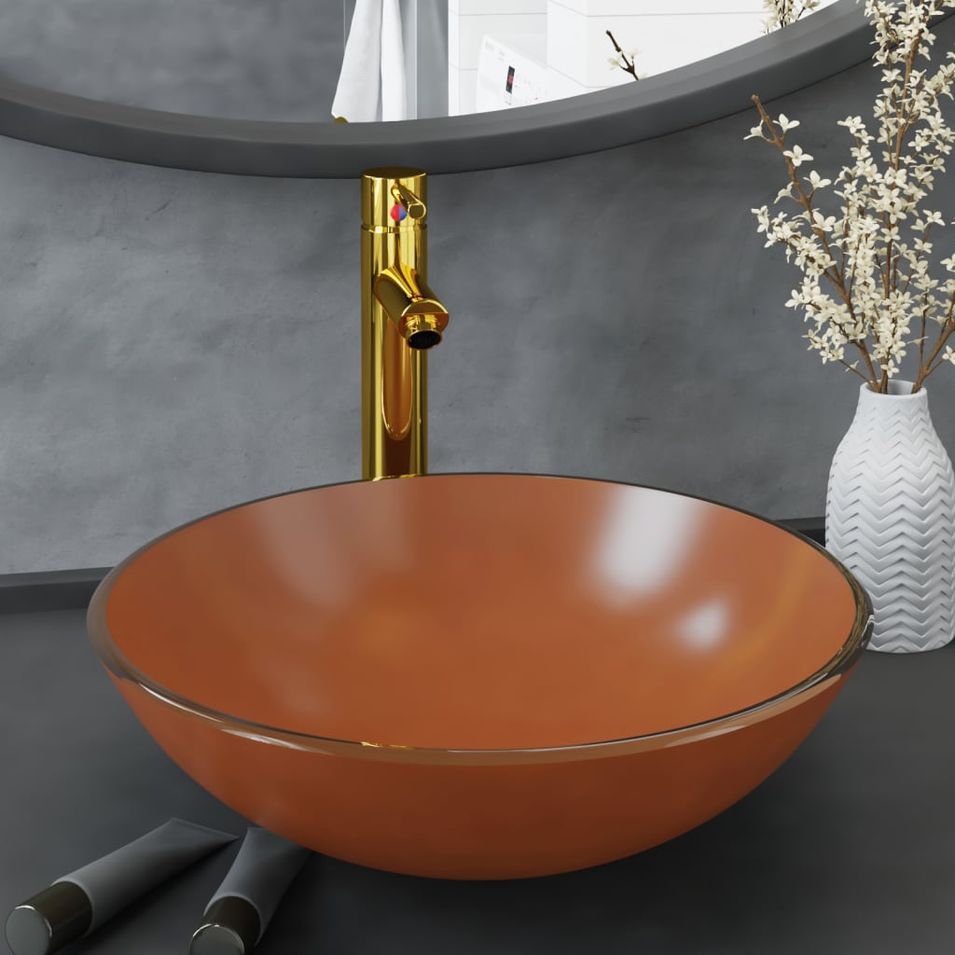 Lavabo de bain avec robinet et drain à poussoir Verre trempé 10 - Photo n°1