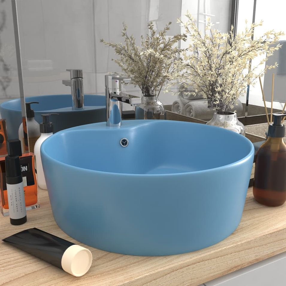 Lavabo de luxe avec trop-plein Bleu clair mat 36x13cm Céramique - Photo n°1